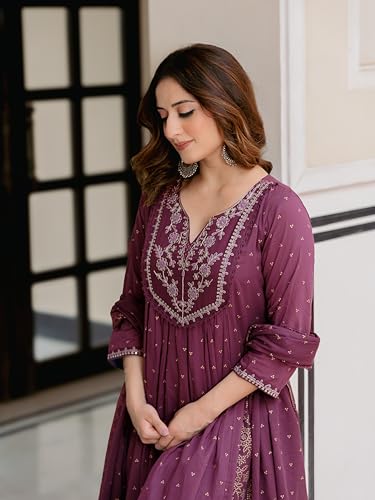 Image of Arayna Women's 100% Pure Cotton Anarkali Kurta Set with Pant & Dupatta | Embroidered Flared Kurta | Elegant Ethnic Suit