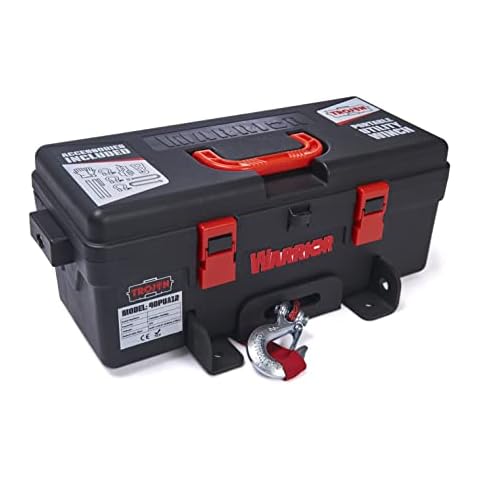 Warrior Trojan 4000lb Portable 12v Electric Winch - Reversible Magnet Motor with Power In/Out - Steel Plate, Mounting Option, Plug & Play - Convenient Carry & Storage Box - Synthetic Rope Cover