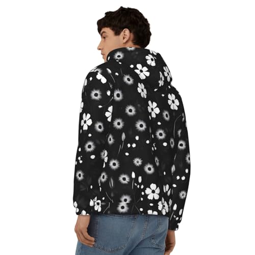 Sweat à capuche imprimé floral noir et blanc avec cordon de serrage