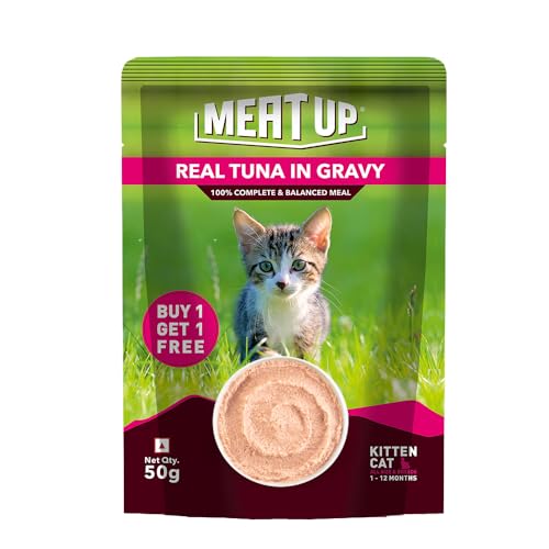Image of Meat Up Kitten Cat Wet Food 16 Pouches x 50g, Total 800g | Real Tuna in Gravy | Supports Heart & Vision Health | Strong Bones & Teeth | Natural Flavours | Organic Minerals & Vitamins