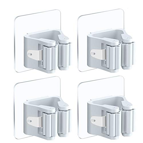 O'woda Besenhalterung, 4 Stück Selbstklebende Mopp-Halterung, Ohne Bohren Wandhalterung, Haken für Küche, Badezimmer, Schränke, Haus, Garten, Garage (Weiß)
