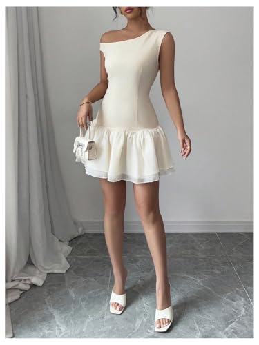 Image of Verdusa Women's Color Block Ruffle Off Shoulder Dress Drop Waist Layered Mesh Mini Dress