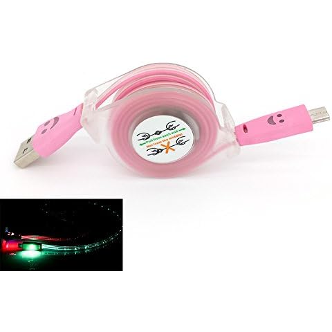 ESupFly LED Light Micro USB Charger Charging Data Sync Cable Retractable Charging Data Cable for Samsung, Sony, MOTO, Nokia and other Android Devices 7 LED Color Changing (Pink) Cover