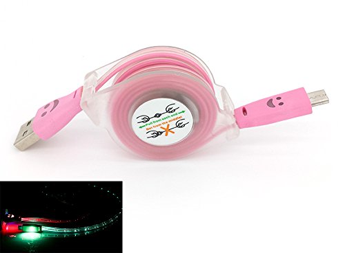 ESupFly LED Light Micro USB Charger Charging Data Sync Cable Retractable Charging Data Cable for Samsung, Sony, MOTO, Nokia and other Android Devices 7 LED Color Changing (Pink)