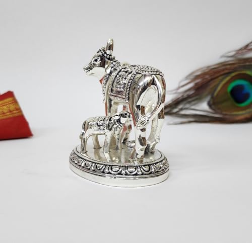 Image of Gold Art India Kamdhenu Cow and Calf Idol | Silver Finish Decorative Murti | 7.62 cm x 7.62 cm | Sacred Gau MATA Statue for Home Temple & Gift