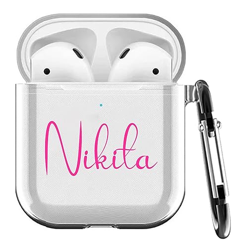 Image of MITZVAH Custom Name Personalised Airpod 2 Case for Airpods 1st and Airpod 2nd Generation Case Cover, Customized Airpods 2 Transparent case with Keychain (Simple Name-Pink)