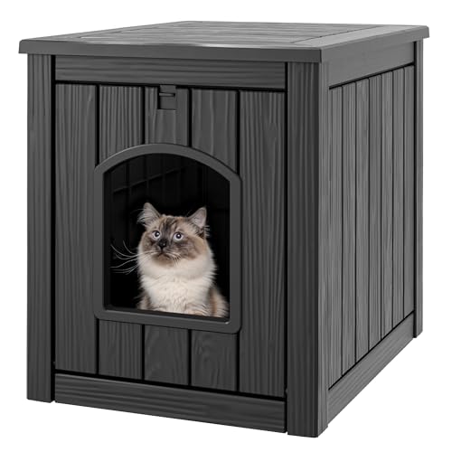 WTFGO Cat Litter Box Enclosure, Hidden Litter Box with Openable Front Door, Outdoor Cat House Weatherproof, Side Table, Easy to Clean and Assembly, Dark Black