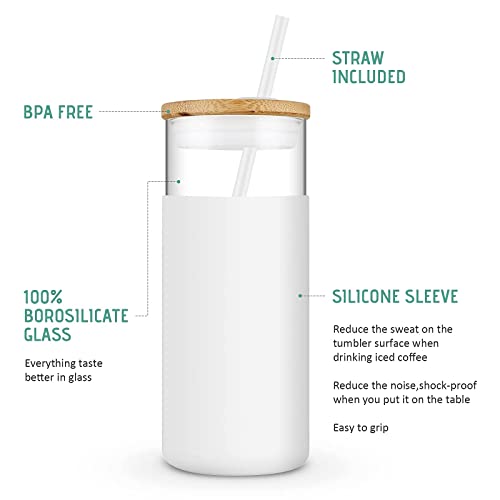 Tronco 20 Oz Glass Tumbler Glass Water Bottle Straw Silicone Protective Sleeve Bamboo Lid - Bpa Free - White #TOP3