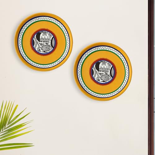 Image of ExclusiveLane 'The Warli Tales' Terracotta Wall Plates for Home Decoration (8 inch, Set of 2, Yellow) | Terracotta Plates for Wall Decor Plates Sets Decorative Wall Hanging Plates for Living Room