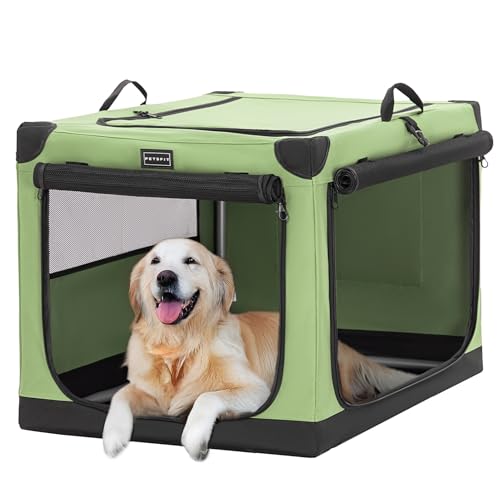 PETSFIT Collapsible Dog Crate with Patented Adjustable Fabric Cover Chewproof Lockable Mesh Doors Waterproof Base Soft Sided Kennel Green 40 Inch