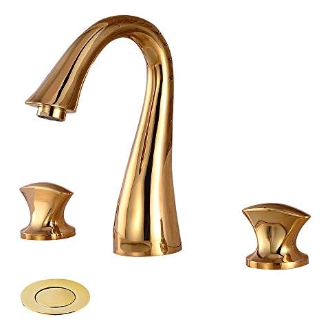 YANNLII Shiny Polished Gold Widespread Bathroom Sink Faucet,Two Handle Three Hole Lavatory Faucet,8-16 Inch Basin Mixer Tap with Pop Up Drain,French Gold Cover