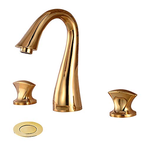 Best Deal Product YANNLII Shiny Polished Gold Widespread Bathroom Sink Faucet,Two Handle Three Hole Lavatory Faucet,8-16 Inch Basin Mixer Tap with Pop Up Drain,French Gold
