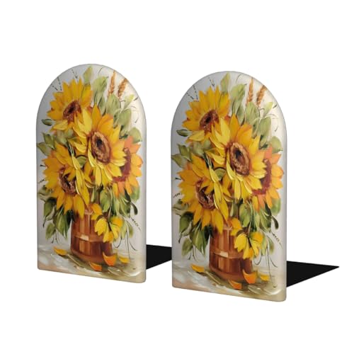 (2 PCS/1 Pairs) Wood Bookends Sunflower Autumn Art Decorative Wood Bookends for Student School Shelves Kids Room Desk Home Office Book Stoppers for Holiding Books 5x3 Inch