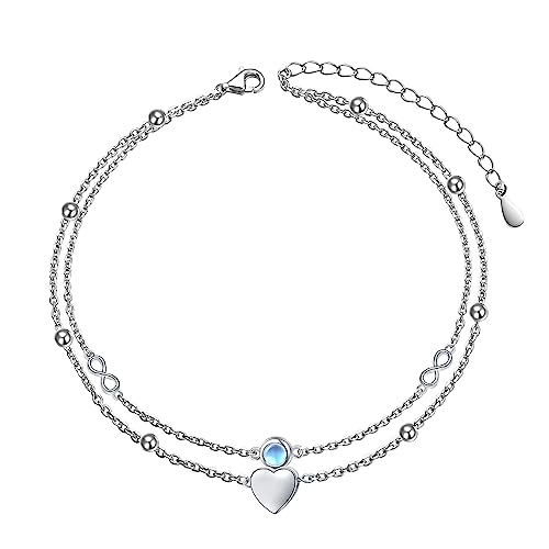 Image of Flyow Anklet for Women S925 Sterling Silver Adjustable Foot Beaded Heart Charm Ankle Bracelet Anklets Jewelry