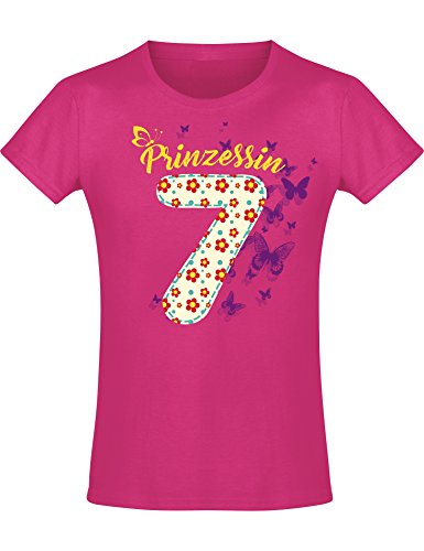 Baddery Geburtstagsgeschenk für Mädchen : 7 Jahre mit Blumen - Geburtstagsshirt (Fuchsia 128)