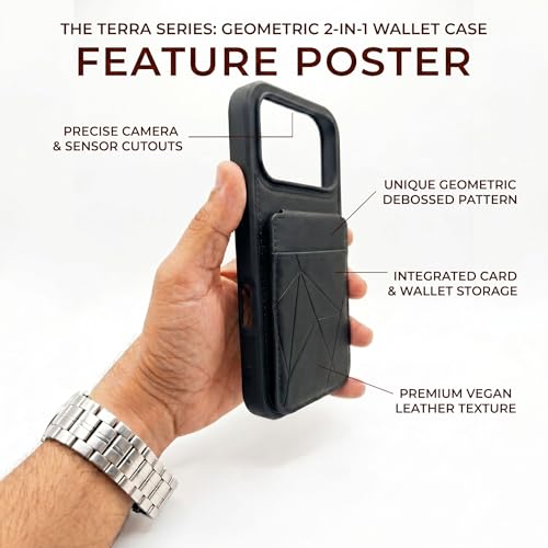 Image of amazon basics Premium Vegan Leather Back Cover with Card Holder and Integrated Mobile Stand for iPhone 17 Pro - Slim Shockproof Wallet Case with Geometric Stitching [Black]