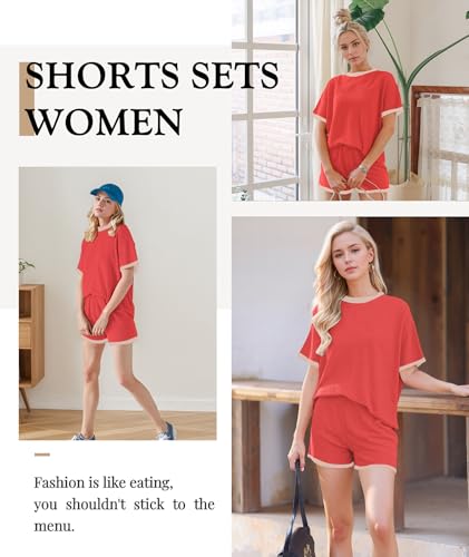 Image of MARZXIN Women 2 Piece Shorts Set 2026 Casual Summer Cruise Outfits Ribbed Loose Short Sleeve Pocket Matching Lounge Sets