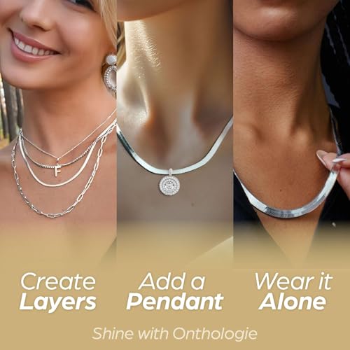 Herringbone Chain Necklace for Women Men, Real Gold Over Sweatproof, Water-Resistant, Everyday Wear, 2mm-2.5mm-3mm-4mm-5mm Wide Flat Snake Chain 14k White Gold Coating Stainless Steel3