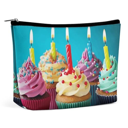 Bolsa de cosméticos, bolsa de maquillaje para mujer, bolsa de maquillaje portátil, estuche de maquillaje colorido con diseño de cupcakes de feliz cumpleaños, bolsa de viaje para artículos de tocador p