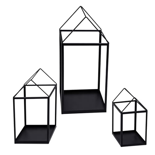 Lanterna in metallo a forma di casa, colore nero, set da 3 pezzi, 45/33/23 cm, lanterna decorativa da appoggiare, portacandele industiral moderno