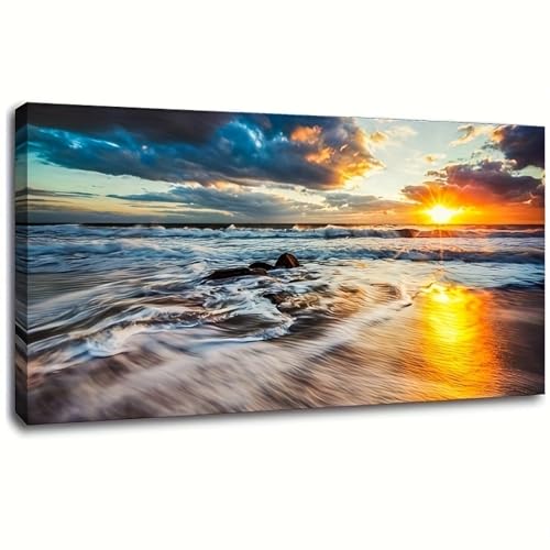 Tableau ocean coucher de soleil pour decoration salon et grand mur vide 80x165cm