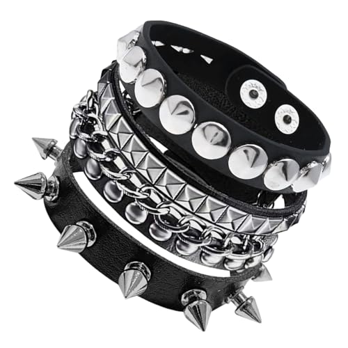 Makoto Nobu 3PCS Punk Rock Lederarmband, Punk Emo Inlay Armband, spitzes Leder, Gothic Punk, Nieten verstellbare Wrap Armband Manschette, Konzertfür Damen und Herren