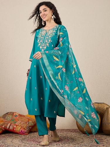 Image of VredeVogel Women's Beads Embroidered Silk Blend Kurta Pant Set with Organza Dupatta | Perfect for Festive & Casual Ethnic Kurta Set for Women