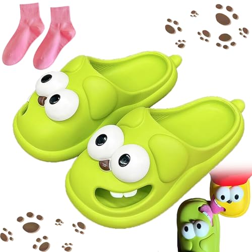 Kissing Slippers for Couples – Funny 3D Big Eye Dog Tongue Kiss Slides, Cute Cartoon House Shoes, Indoor Slippers for Women Men Non-Slip (Green, US, Adult, Women, 8.5, Numeric Range, US Footwear Size System, 9, Medium)