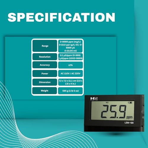 Image of HM Digital LSM-100 Professional EC /TDS Monitor Large Display, ATC, ±2% Accuracy, 0-9999 ppm Inline Conductivity Monitor with 3m Cable for RO Plants & Hydroponics