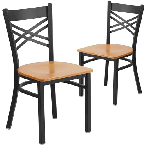 Image of Flash Furniture 2 Pack HERCULES Series Black ''X'' Back Metal Restaurant Chair - Natural Wood Seat