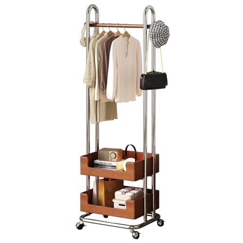 ZzERTE Burro Ropa Con Ruedas,Perchero Móvil Con 2 Cestas De Almacenamiento, Organizador De Armario De Metal Y Madera Para Dormitorio, Sala De Estar, Pasillo(73cm/28.7in)