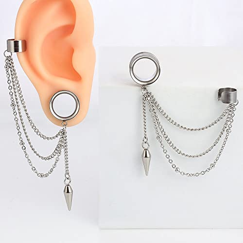 Casvort 2 Pcs 12Mm (1/2'') Hypoallergenic 316 Stainless Steel Silver Fashion Dangle Ear Gauges Tunnels Chain Stud Ear Clip For Women Men Hip Hop Ear Lobe Cuff Earrings #TOP5