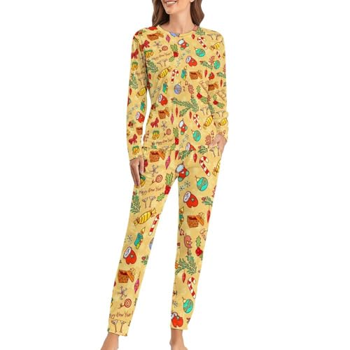 Pyjama jaune de Noël femme ensemble sleepwear t-shirt manches longues pantalon