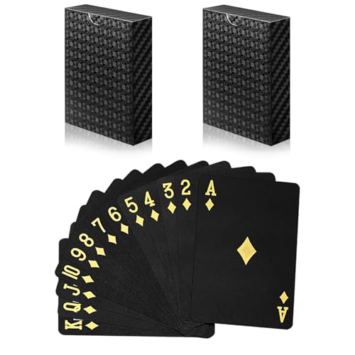 Tkocisa 2 Decks Waterproof Plastic Playing Poker Cards Foil Novelty Poker Cards Waterproof Deck of Cards Tricks Tool Playing Card for Men Adults Family Game Party Birthday Party(Black)