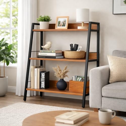 Image of Ladder Shelf, 3 Tier Bookshelf, Small Bookshelf for Small Spaces, Wood and Metal Bookcase, Ladder Bookshelf, Modern Storage Shelf for Living Room and Office (Black, Ladder)