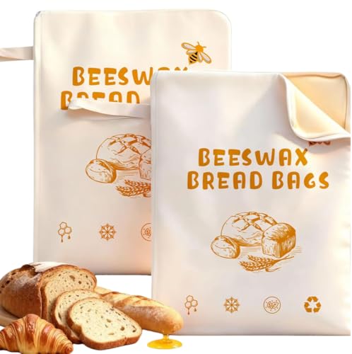 2 Pack Extra Large Beeswax Bread Bags with Zip Closure Reusable Cotton Linen Bread Storage Bags with Natural Beeswax Lining for Sourdough & Artisan Loaves
