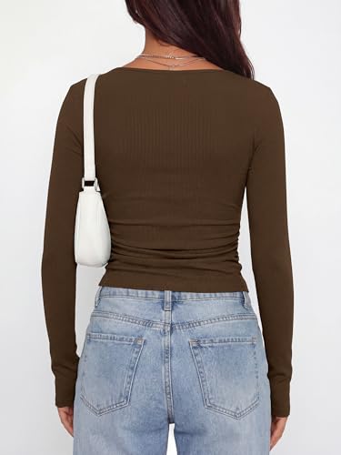 BTFBM Womens Long Sleeve T Shirts Spring Clothes 2026 Ribbed Slim Fit Boat Neck Casual Going Out Tops Workout Outfits(Chocolate Brown, X-Small) - image 3