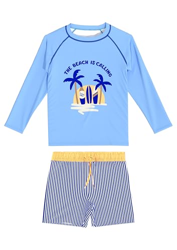 weVSwe Kinder Badeanzug Langarm Jungen Schwimmset UPF 50+ Badetop und Badehose 2 Stück Kleinkind Sonnenanzug Surfanzüge Kinder Blaue Streifen 10 Jahre