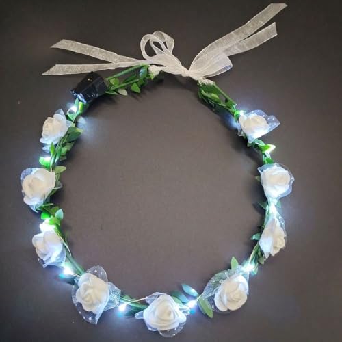 YuanHolumid Corona de flores LED vintage, color blanco, corona de flores brillantes, diadema con luces LED luminosas, tocado de novia, tocado de boda, aro para el pelo, recuerdos de fiesta, accesorios
