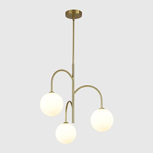 Miniatura 8 de Flyrose Candelabro moderno de 3 luces de cristal de leche de mediados de siglo, lámpara colgante de níquel cepillado, bola de globo grande, lámpara