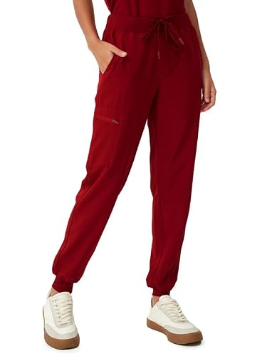 floralhue Scrubs for Women, V-Neck Scrubs Top & Cargo Pants with 10 Pockets, Burgundy, L