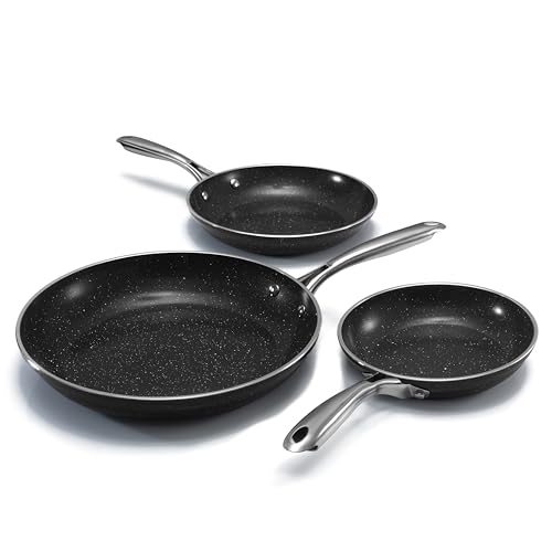 Granitestone Ceramic Nonstick Frying Pan Set 3pc 8/10/12 inch Non Toxic Skillet PFAS & PFOA Free Cookware Set Induction Compatible Egg Pan Oven Safe to 500F Dishwasher Safe - Black