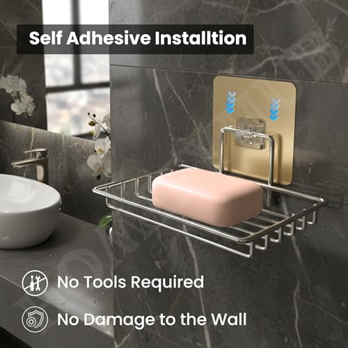 Image of Stainless Steel Soap Holder for Bathroom Stickable | Single Layer Wall Mounted Soap Dish Holder | Self Adhesive No Drill Waterproof Soap Tray | Bathroom Accessories (Set of 3)