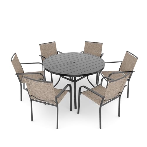Image of Anmutig 7-Piece Outdoor Dining Set, 6 Stackable Sling Chairs & 48'' Round Table w /Umbrella Hole All Weather Furniture Set for Lawn,Deck,Backyard, Beige White Fabric