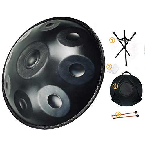 AS TEMAN HANDPAN,Handpan drum instrument in D Minor 9 Notes 22 inches Steel Hand Drum with Soft Hand Pan Bag, 2 handpan mallet,Handpan Stand,dust-free cloth,black â€¦