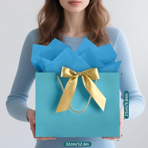 Image of JMANNI Gift Bags with Handles, 13 inch Medium Gift Bag for Presents, 1 Pcs Bags with 2 Tissue Paper and 1 Cards for Baby Shower Wedding Bridal Shower Mother's Day Birthday Party (Bule