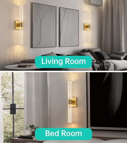 Image of Modern Crystal Wall Sconce Set of 2, Dimmable LED Bathroom Vanity Light ing Fixtures, with Remote Control, Bubble Cylindrical Wall Lights for Bathroom Bedroom Living Room Hallway,Brass