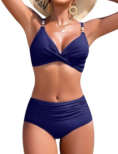 Nadeer Maillot De Bain Femme 2 Pieces Torsadé Taille Haute Ensemble Bikini Col en V Slim Contrôle du Ventre Deux Pièces avec Perles Élégant Swimsuit Swimwear de Plage Été