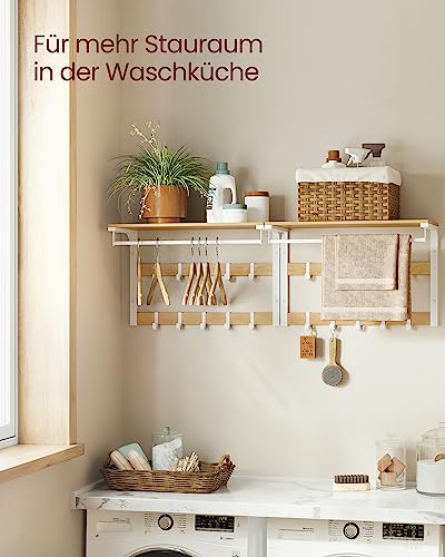 VASAGLE Wandgarderobe, mit Ablage, Wandregal mit 10 abnehmbaren Haken, Hängeregal, Wandmontage, 2 Garderobenleisten, Kleiderstange, für Flur, Schlafzimmer, Badezimmer, eichenfarben-weiß LCR101W09