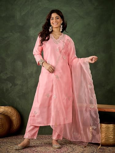 Image of VredeVogel Women's Ethnic Wear Embroidered Silk Blend Kurta Pant Set with Organza Dupatta | Festive & Casual Summer Kurti with Pants for Party Office & Ethnic Occasions
